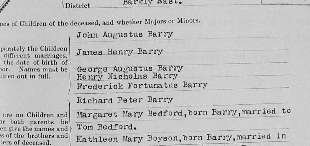 Question ten of the 1915 notice, listing eight children of John Barry.