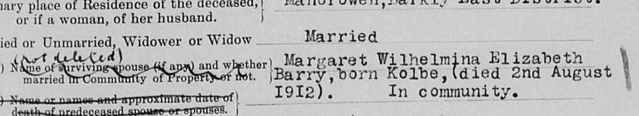 Question seven: Margaret Wilhelmina Elizabeth Barry born Kolbe, died 2nd August 1912, in community.
