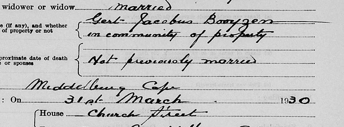 Questions seven and eight: married to Gert Jacobus Booyzen in community of property, at Middelburg Cape; died 31st March 1930.