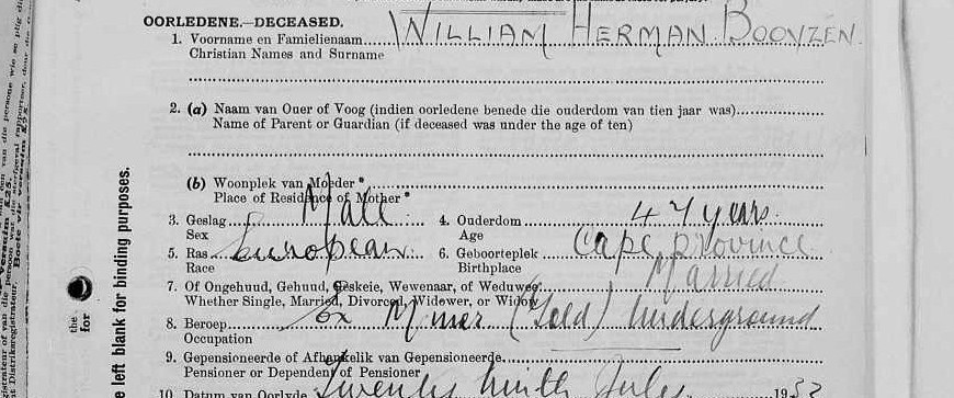Questions three to eight of the 1932 death form: 47 years, Cape Province, Married, Ex Miner (told) Underground.