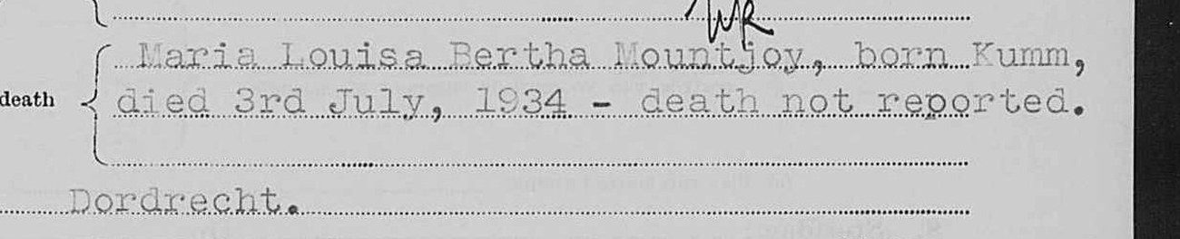 Question seven of the 1938 notice: Maria Louisa Bertha Mountjoy, born Kumm, died 3rd July 1934 — death not reported.