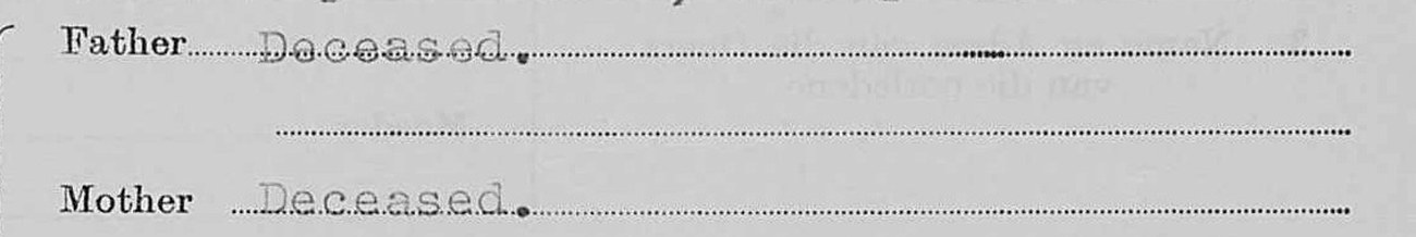 Question three of the 1938 death notice: Father, Deceased. Mother, Deceased.