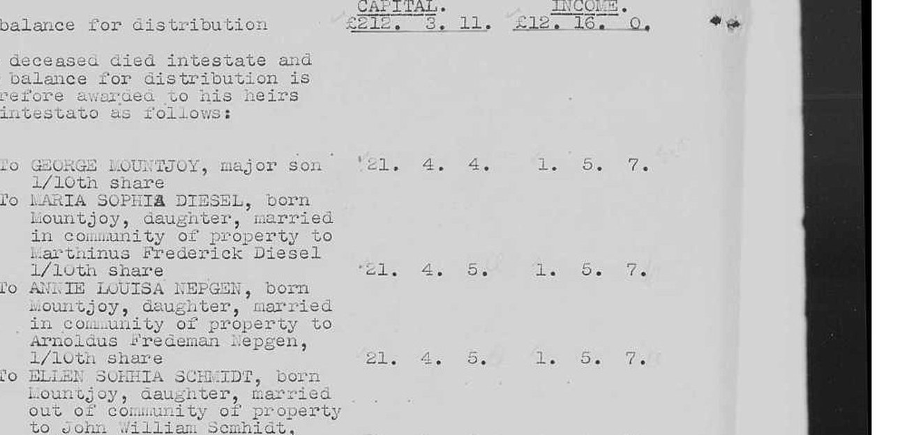 Distribution account: the deceased died intestate and the balance is awarded to his heirs ab intestato, in tenth shares of twenty-one pounds four shillings and five pence.