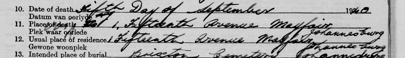 Detail of the 1940 death form showing the Mayfair address and Brixton Cemetery.