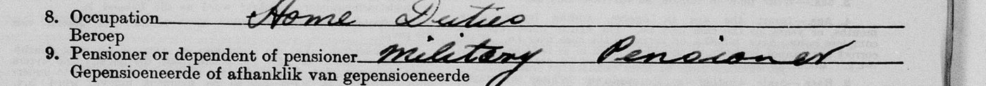 Detail of the death form reading Occupation Home Duties, Pensioner or dependent of pensioner: Military Pensioner.