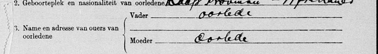 Line three of the 1940 Sterfkennis: Name en adresse van ouers van oorledene — Vader oorlede, Moeder oorlede.