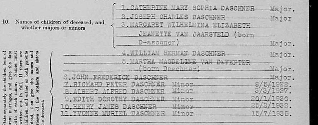 Question ten of the 1942 death notice, listing eleven Daschner children, six majors and five minors with dates of birth.