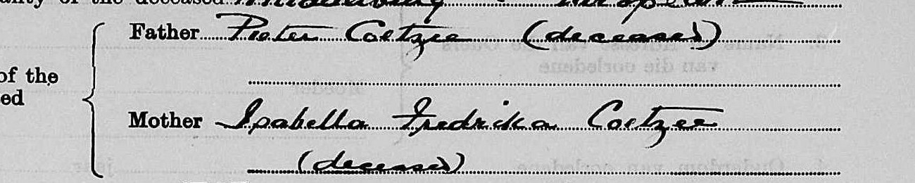 Question three of the 1943 notice: Father Pieter Coetzee, deceased; Mother Isabella Fredrika Coetzee, deceased.
