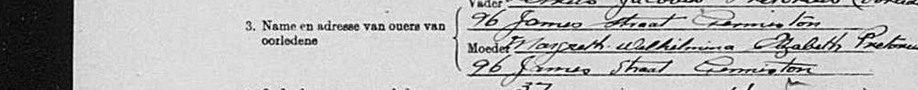 Line three of the 1944 Sterfkennis, naming both parents with their address at 96 James Street, Germiston.