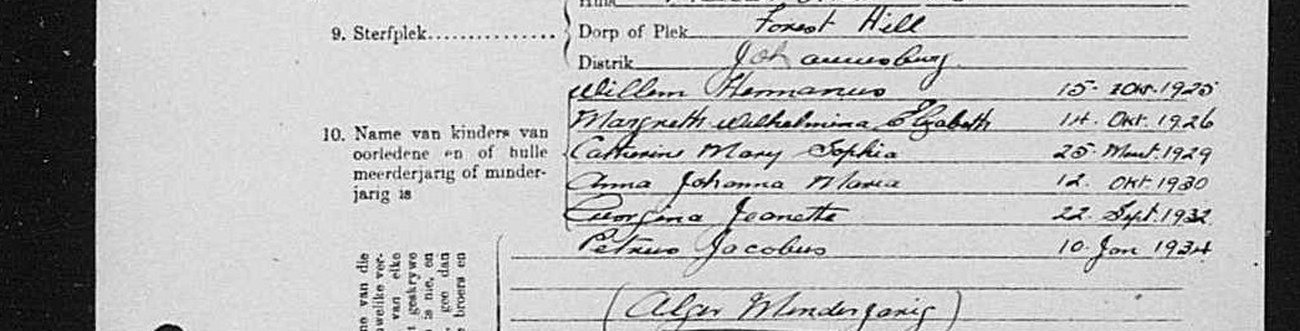 Line ten of the 1944 Sterfkennis listing six children with their birth dates, all minors.
