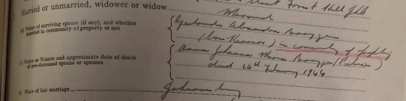 Detail showing surviving spouse Gertruida Alexandra born Kinnear and pre-deceased spouse Anna Johanna Maria born Pretorius.