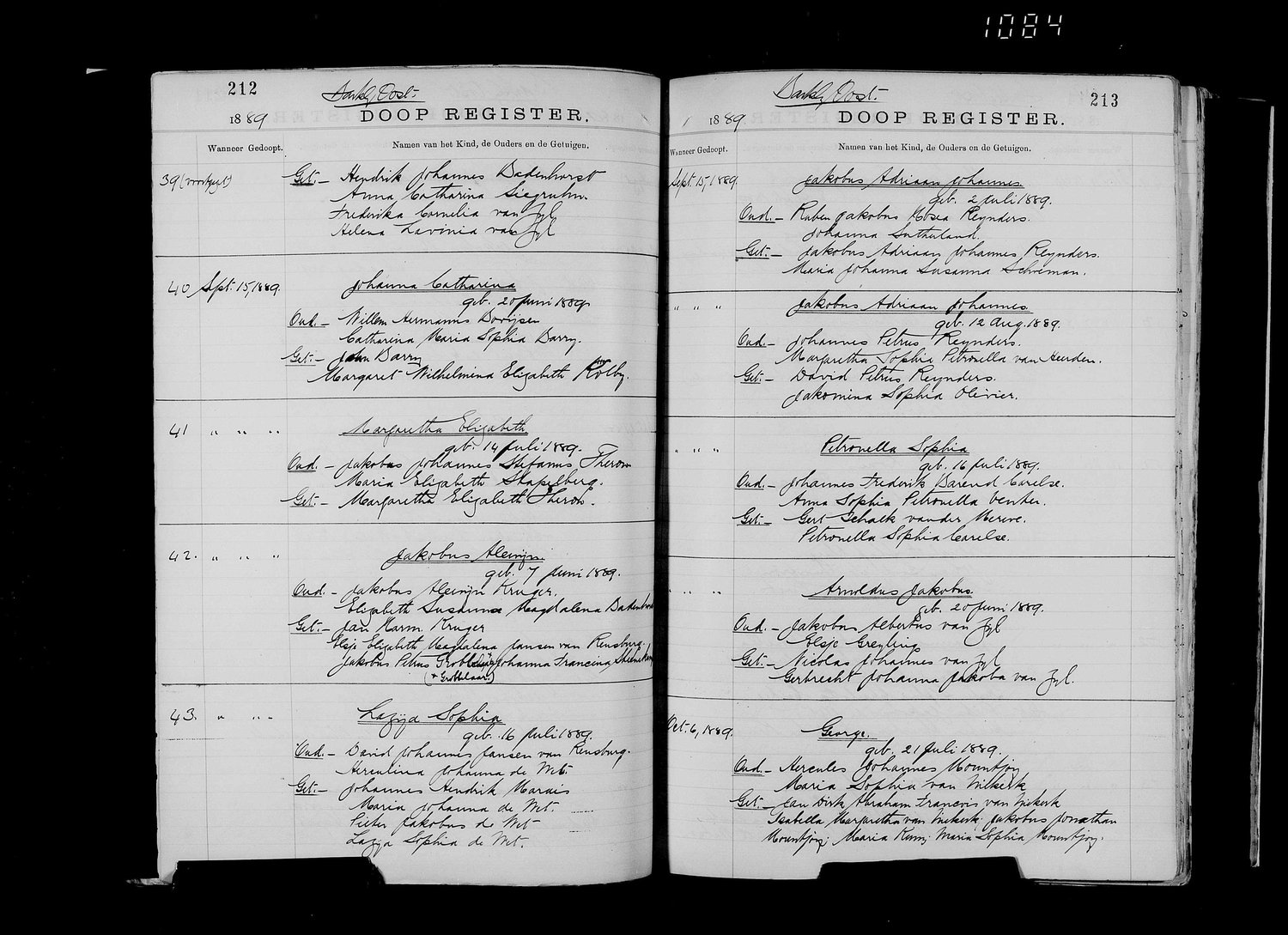 The full Doop Register page for Barkly Oost, 1889.