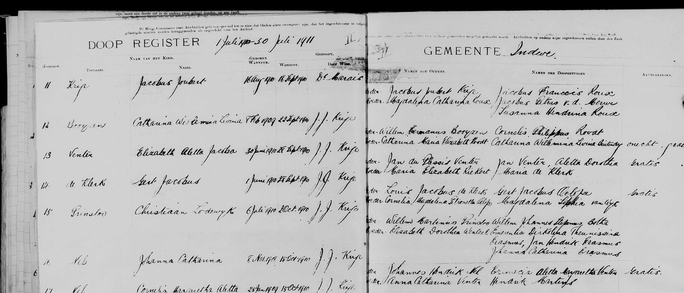 Doop Register, Gemeente Indwe, July 1910 to July 1911, entry 12.