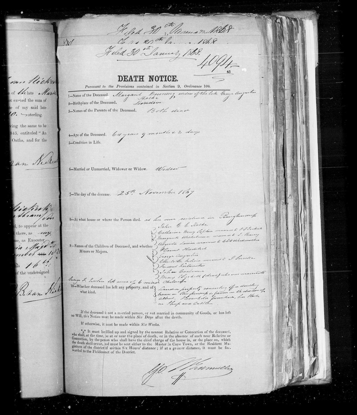 1867 death notice for Margaret Downing, widow of George Augustus Kolbe, Burghersdorp.
