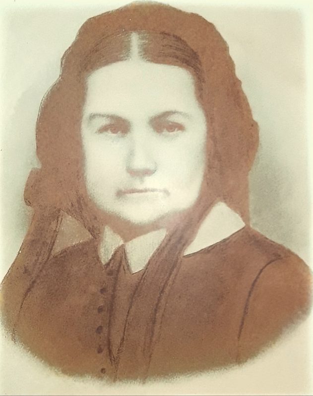 Heavily retouched head-and-shoulders portrait of a woman with centre-parted hair and a white collar.