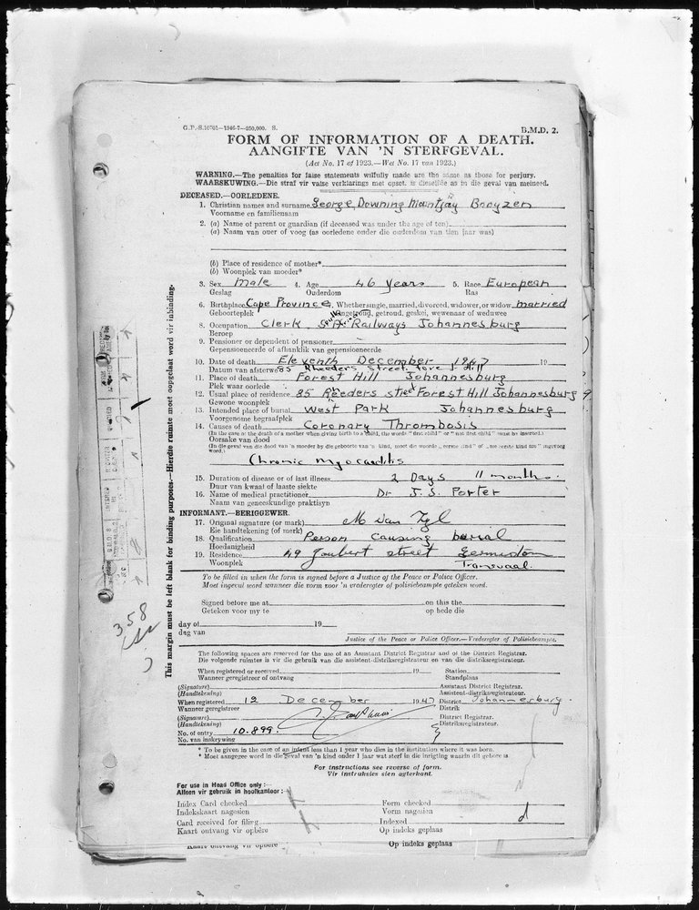 1947 death registration for George Downing Mountjay Booyzen, entry 10,899.
