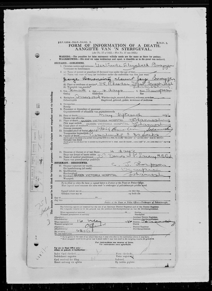 1946 death form for Gertrude Elizabeth Booyzen, aged 4 days.