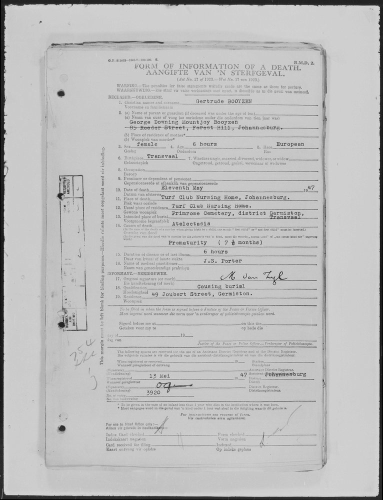 1947 typewritten death form for Gertrude Booyzen, aged 6 hours.
