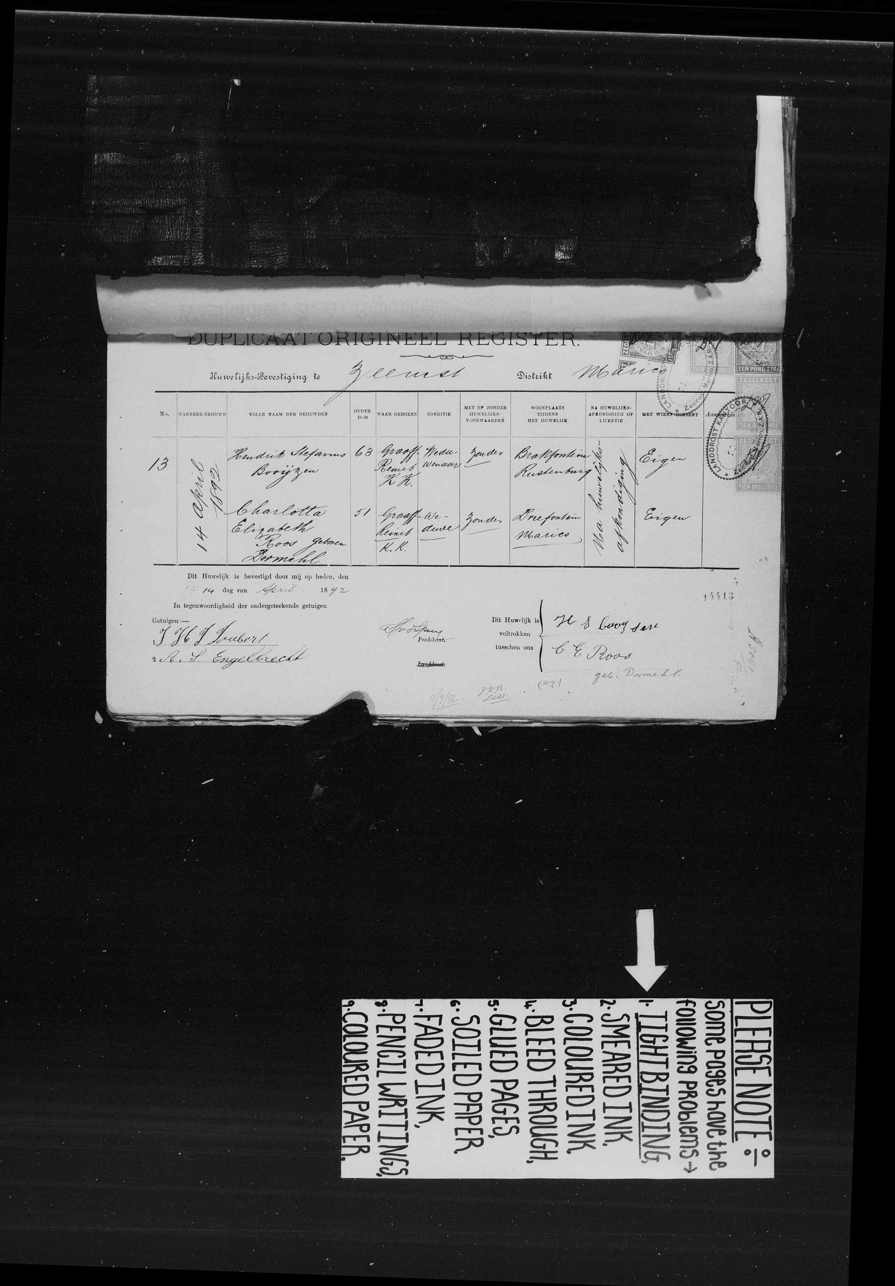 The full page of the Zeerust duplicate marriage register for April 1892, one entry on the sheet.