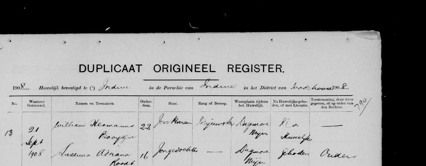 The Indwe duplicate marriage register sheet for 21 September 1908, one entry to the page.