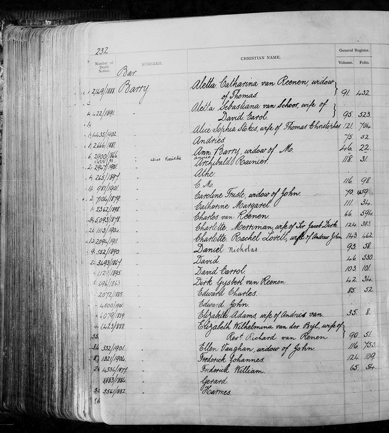 Page 232 of the Cape Master's Index of Estates: Barry, A to H.