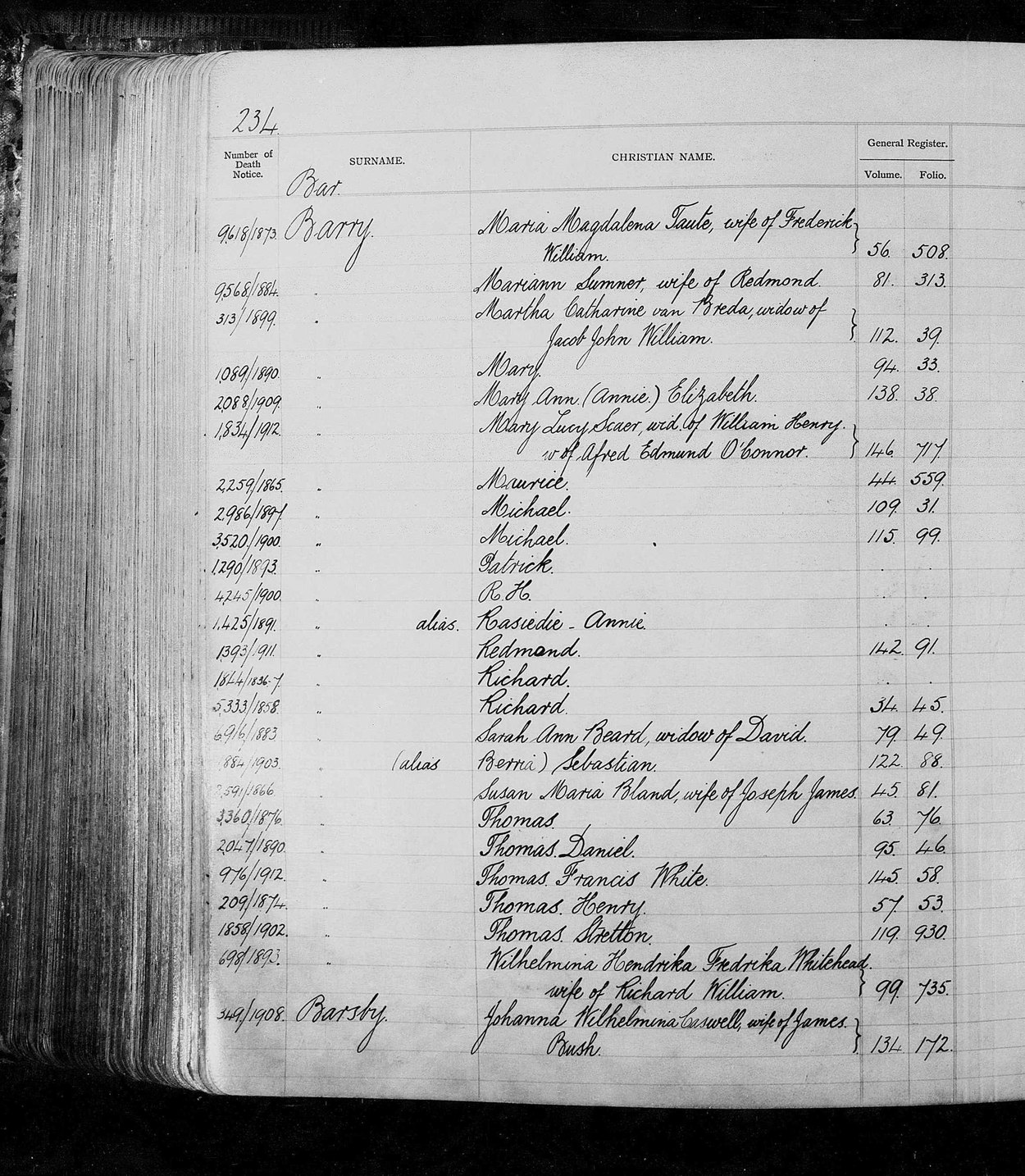 Page 234 of the Cape Master's Index of Estates: Barry, M to W, then Barsby.