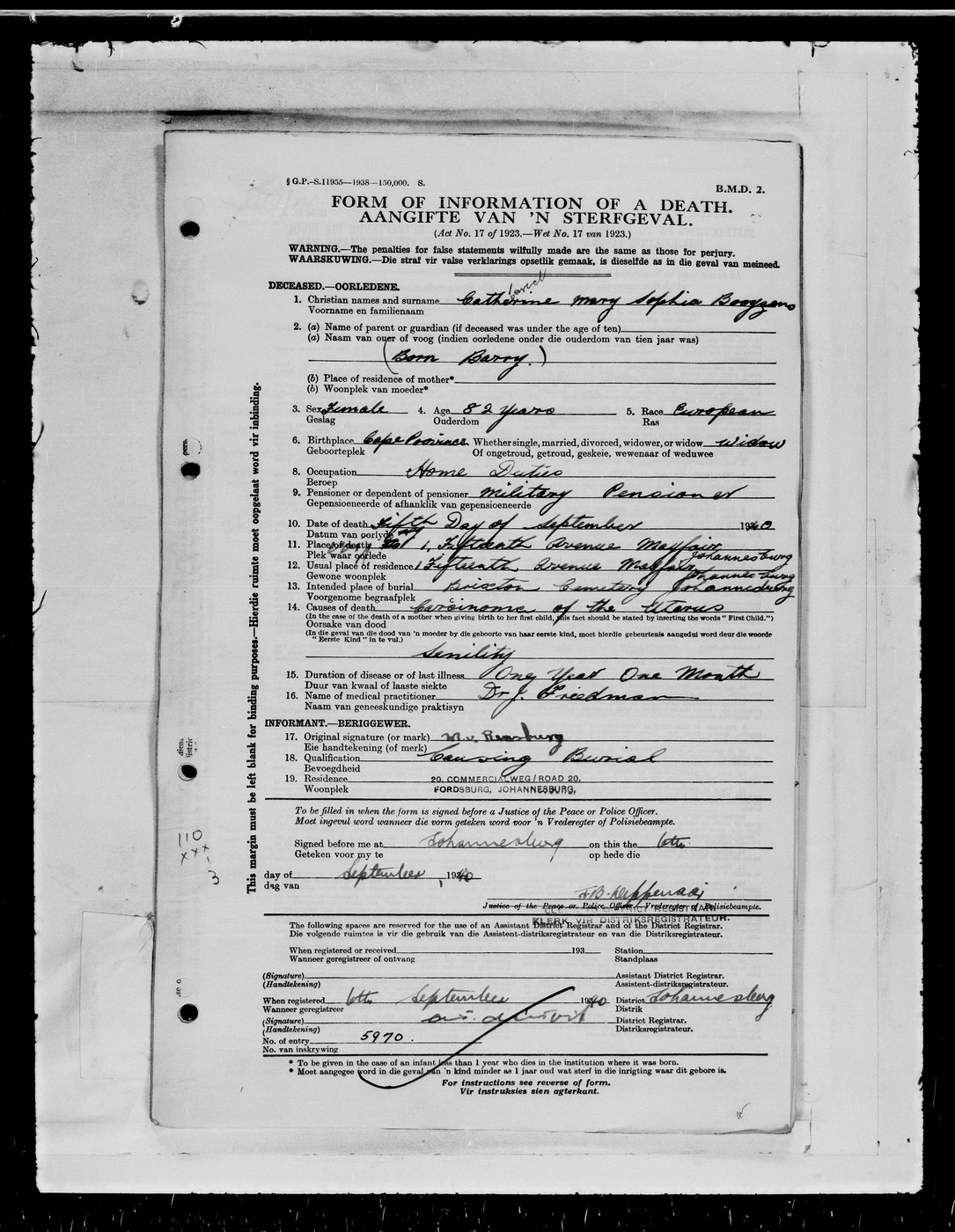 1940 South African death form for Catherine Mary Sophia Booyzen, born Barry.