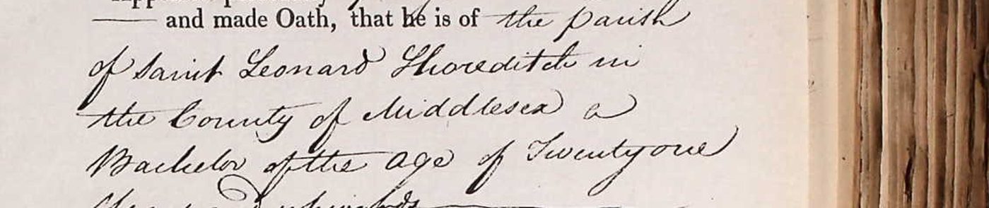Magnified detail of the oath reading a Bachelor of the age of Twenty-one Years and upwards.