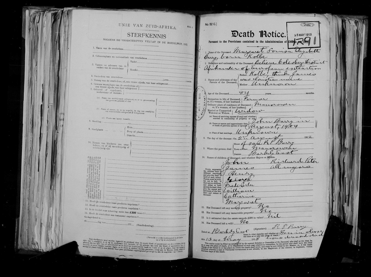 1915 death notice for Margaret Elizabeth Barry, born Kolbe, of Manorowen, Barkly East.