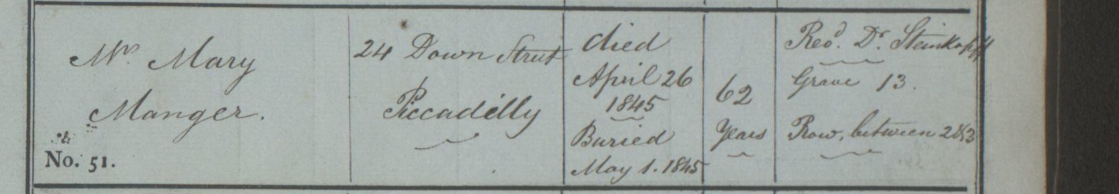 Burial register entry number 55 for Mr John Gottlob Kolbe of Conduit Street, Regent Street.