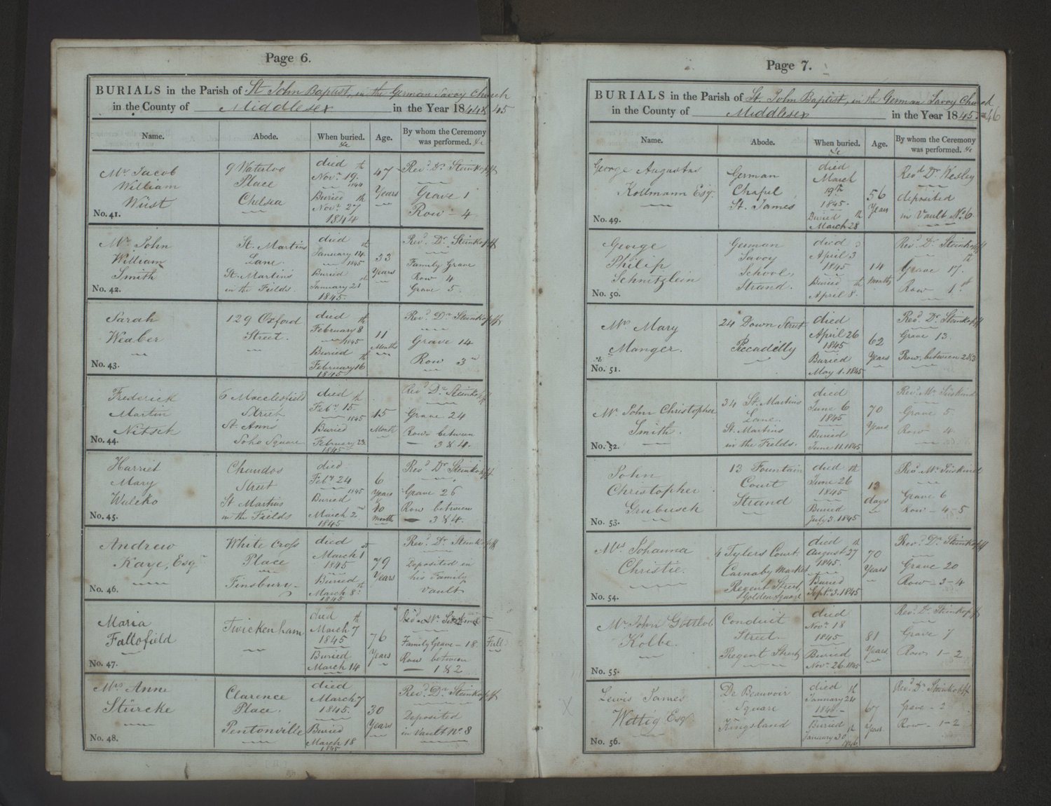The full 1845 burial register page of the German Savoy Church showing entry 55.