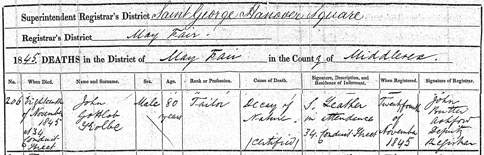 1845 General Register Office death certificate for John Gottlob Kolbe, May Fair district.