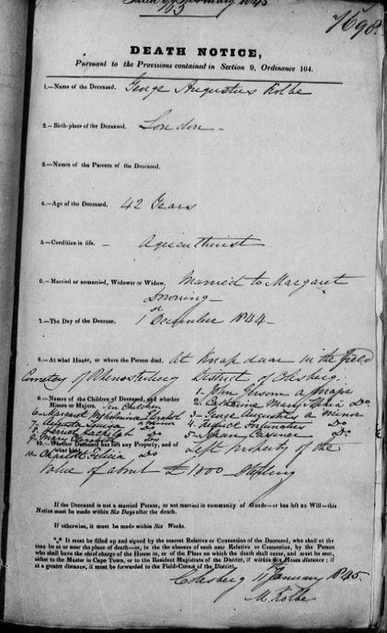 1845 death notice for George Augustus Kolbe under Ordinance 104, estate number 7698.