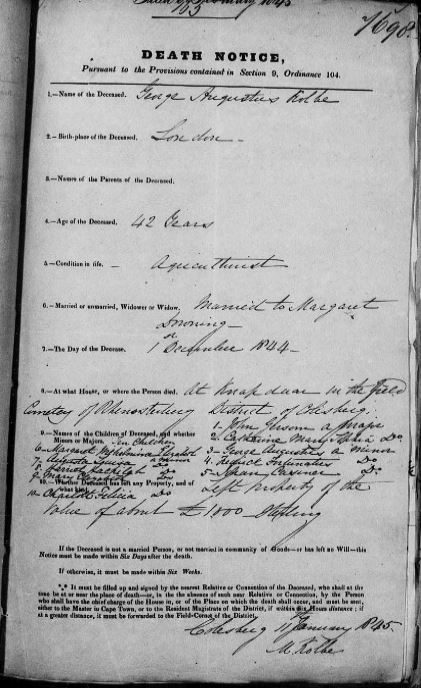 The complete 1845 death notice page for George Augustus Kolbe.