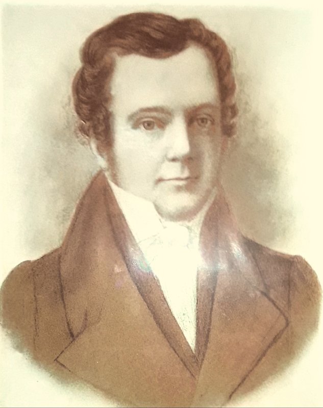 Painted portrait of a young man with reddish-brown curling hair, high white stock and tan coat.