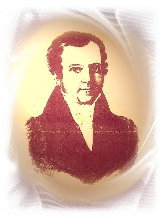 Vignetted portrait of a young man with dark curling hair and a high collar.