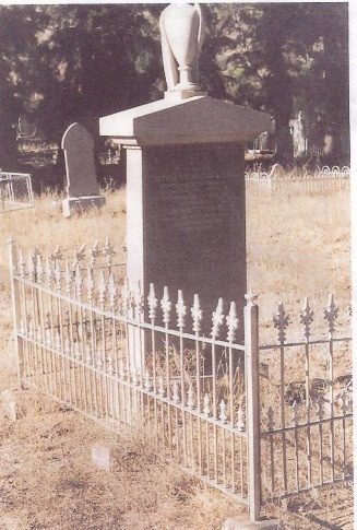 A tall urn-topped granite monument inside a cast-iron railed enclosure in a grassy cemetery.
