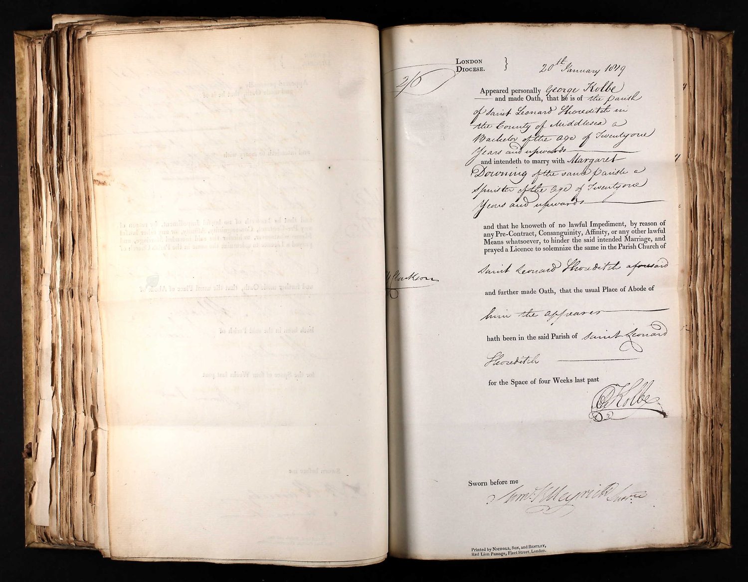 Handwritten 1819 marriage allegation from the London Diocese for George Kolbe and Margaret Downing.