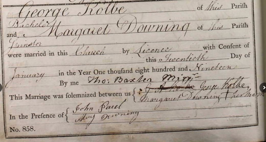 1819 marriage register entry for George Kolbe and Margaret Downing at St Leonard's Shoreditch.