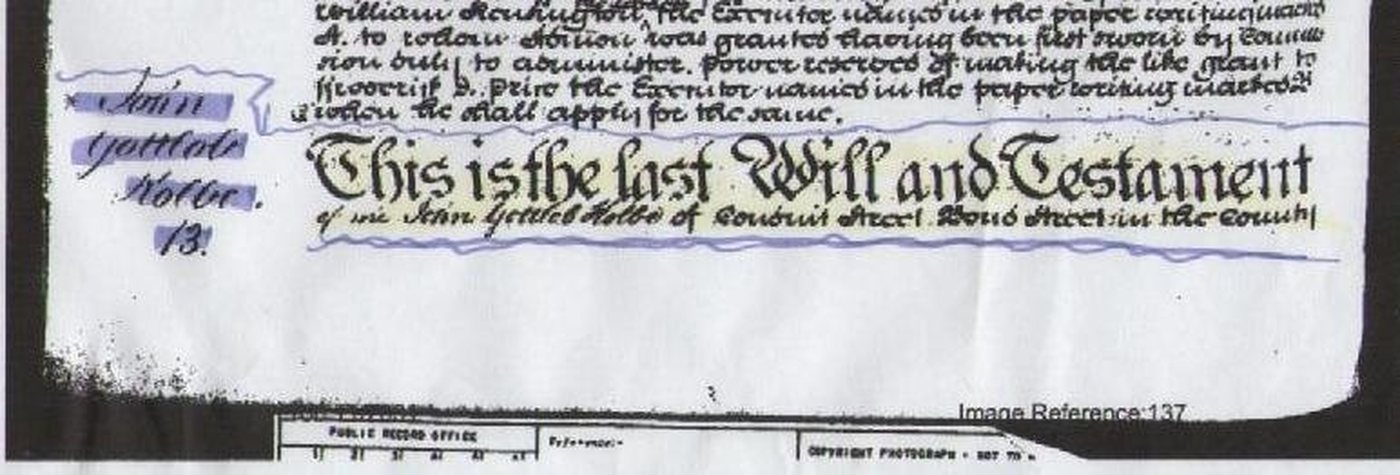 Blackletter heading reading This is the last Will and Testament, with a marginal note naming John Gottlob Kolbe.