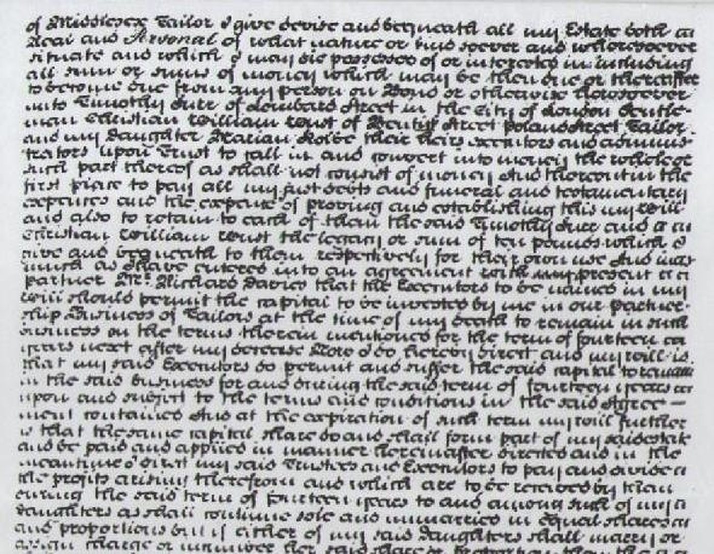 Dense register-hand page of the will naming trustees and the partnership.