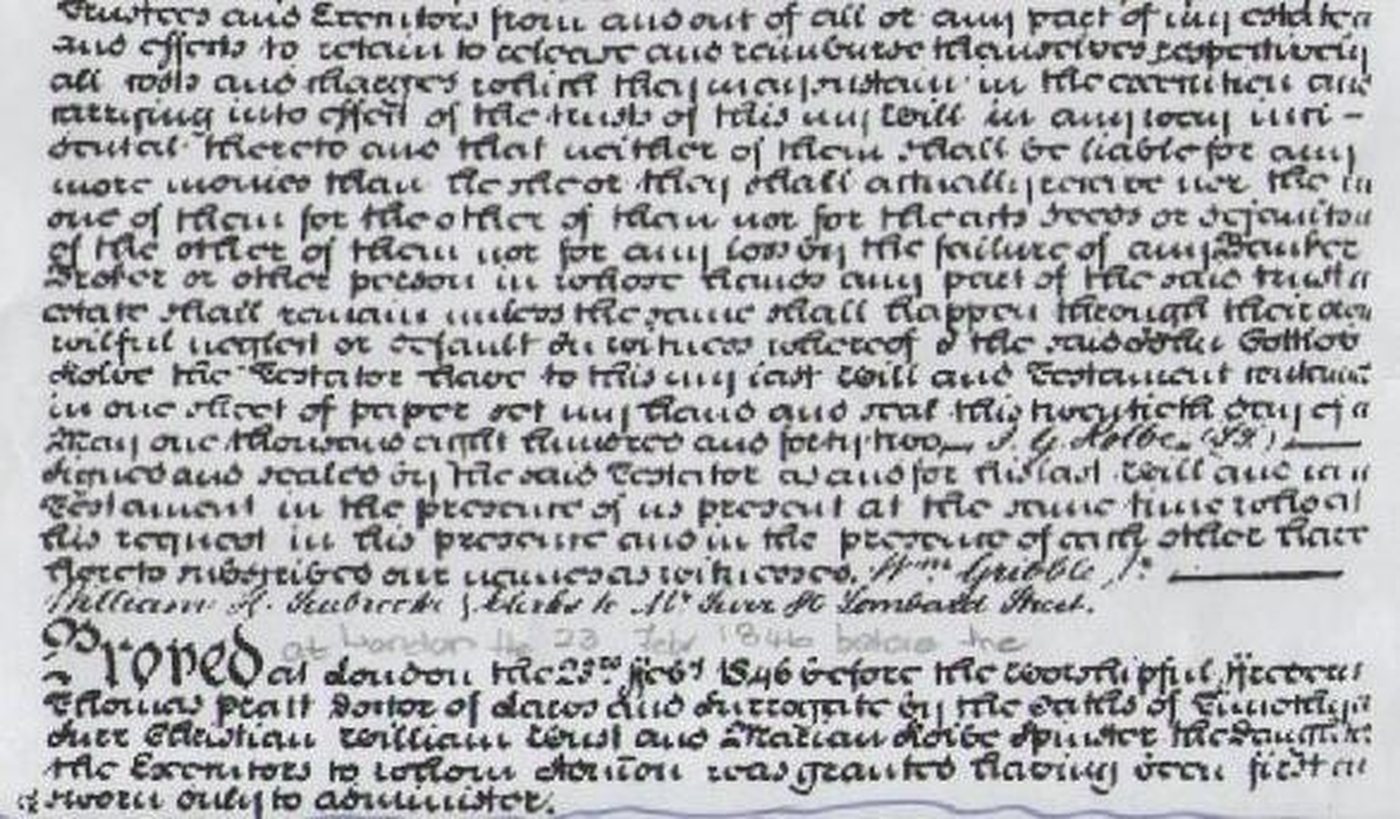 Final page of the will with signature, witnesses and the probate act.