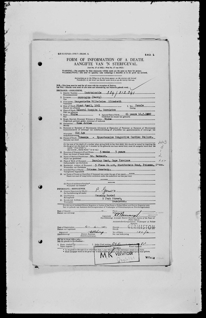 Typewritten 1961 death form for Margerietha Wilhelmina Elizabeth Pretorius, born Barry.