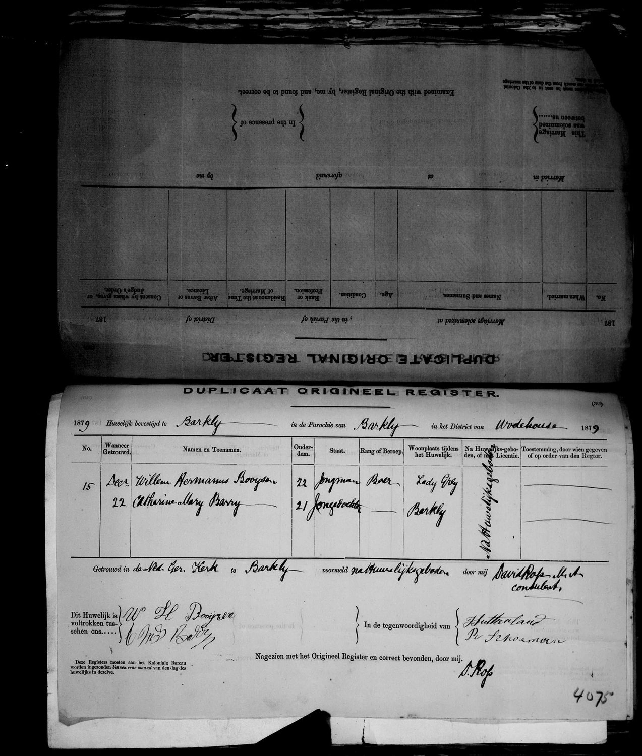 Dutch-language duplicate marriage register page for 1879, Barkly, Wodehouse district.