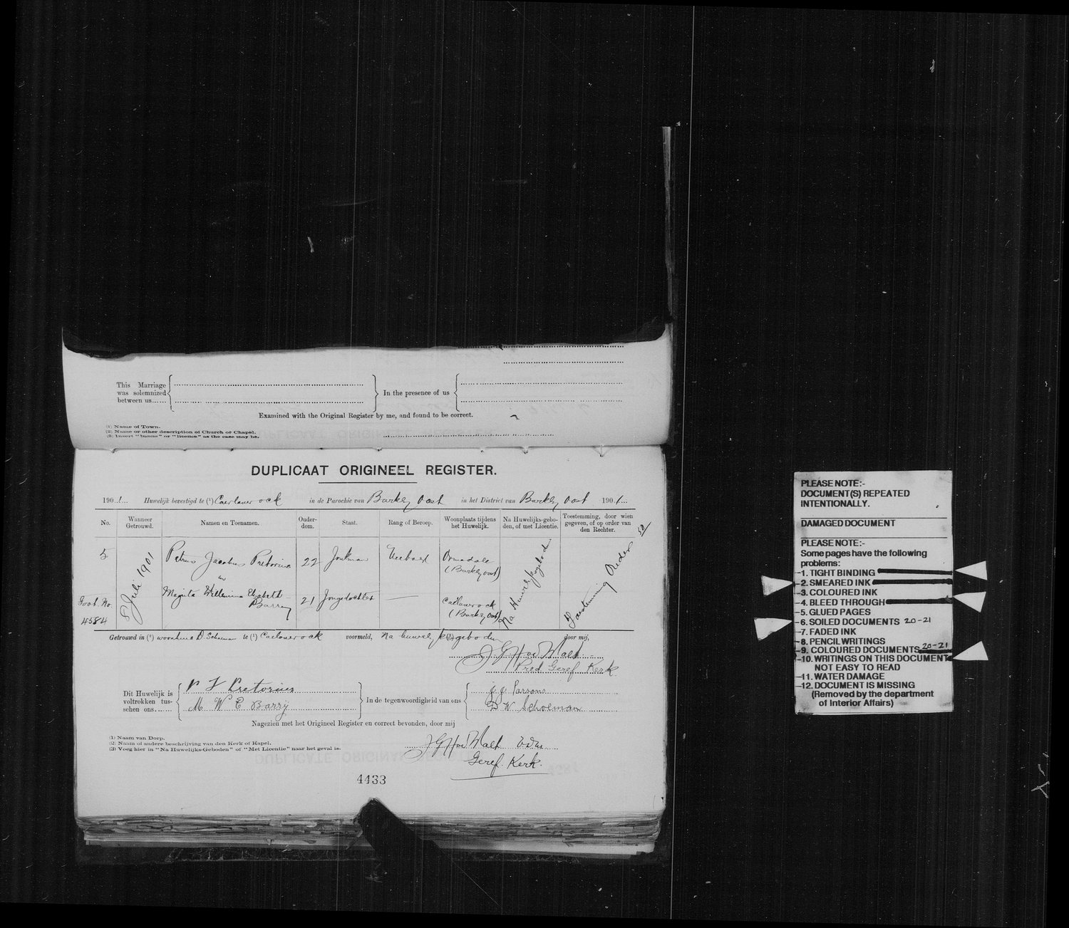 Dutch-language duplicate marriage register for 1901, Caerlaverock, Barkly East district.