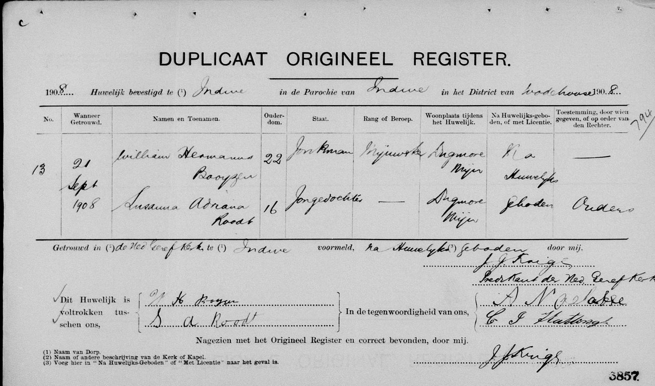 Duplicaat Origineel Register: marriage number 13 at Indwe, 21 September 1908, William Hermanus Booyzen and Susanna Adriana Roodt.
