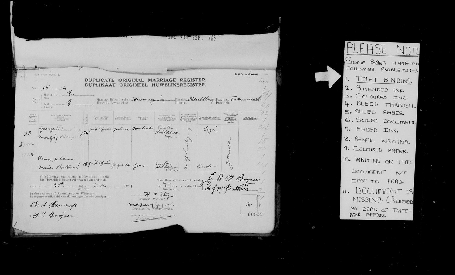 1924 duplicate original marriage register for George Downing Montjoy Booyzen and Anna Johanna Maria Pretorius.