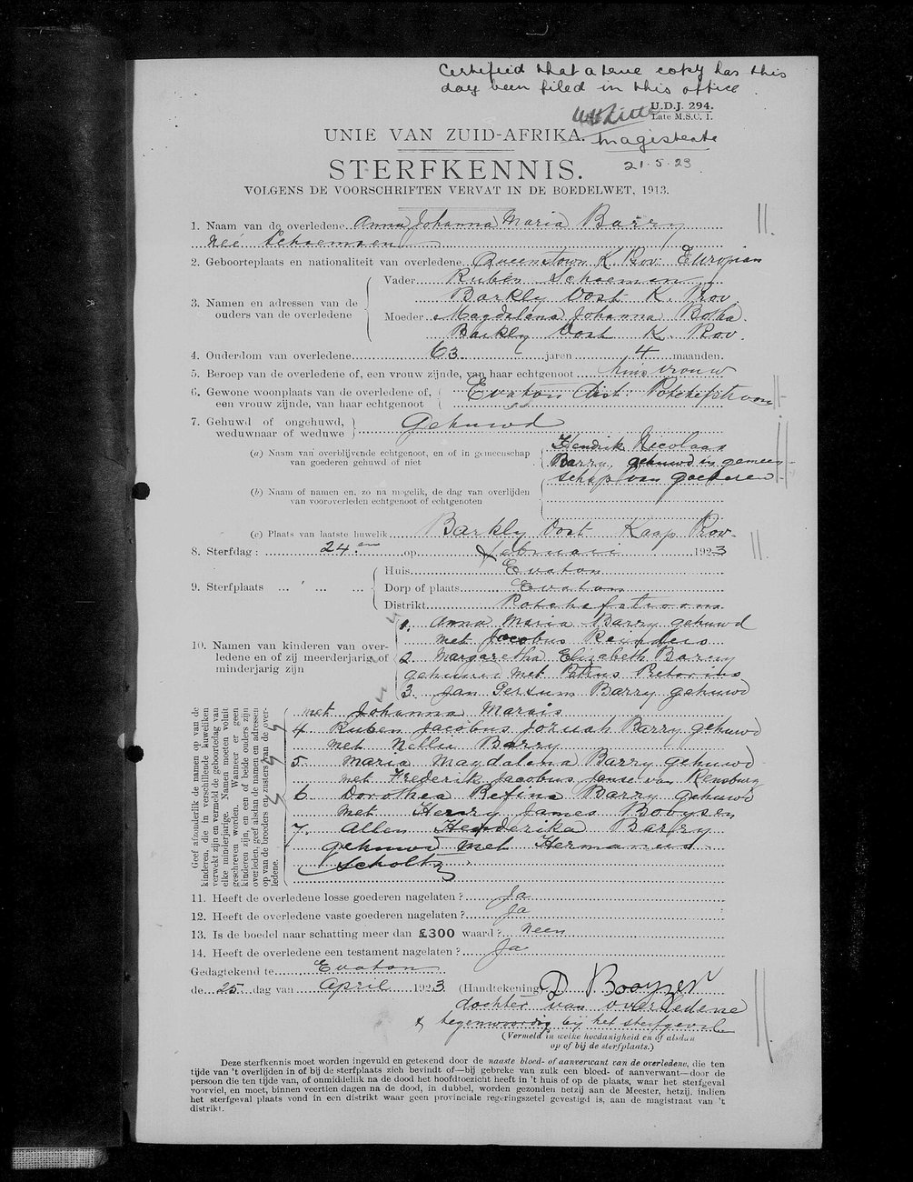 1923 Sterfkennis for Anna Johanna Maria Barry, born Schoeman, of Evaton.