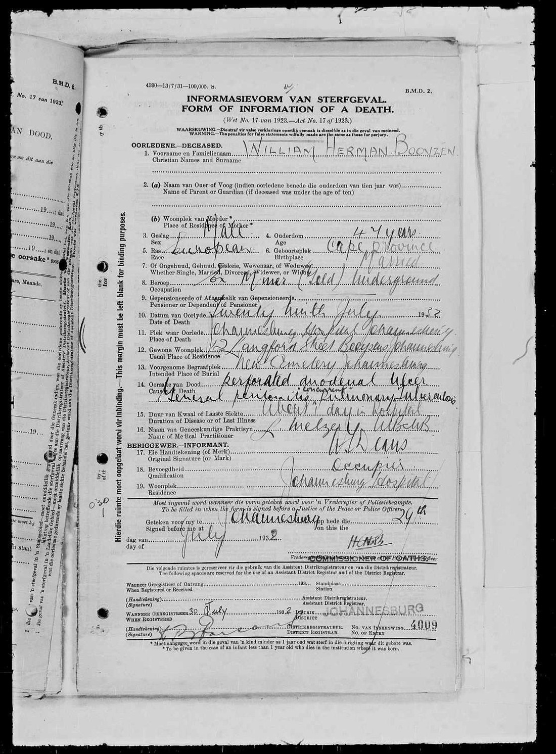 Form of Information of a Death, 1932: William Herman Booyzen, 47, born Cape Province, married, ex miner underground.