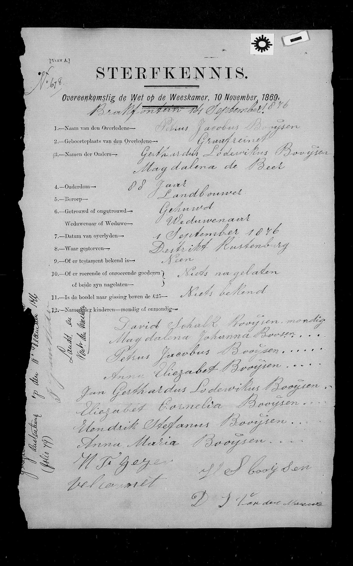 1876 Sterfkennis No. 678 for Petrus Jacobus Booijsen, born Graaff-Reinet, died district Rustenburg.